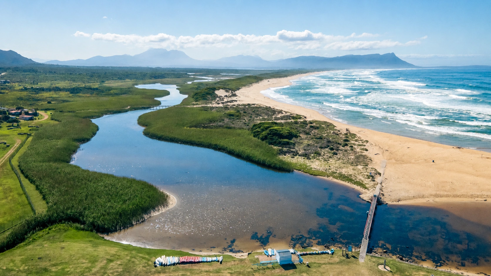 Lagoon and Ocean Drone Shot Kleinmond Western Cape